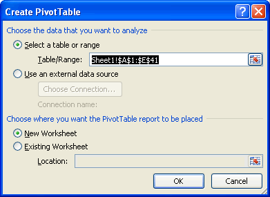Create PivotTable Window Create PivotTable Window