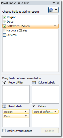 PivotTable Field List In Word 2010